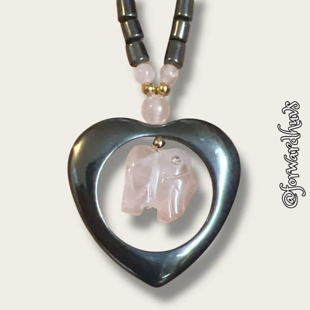 Rose Quartz Cut Out Heart Hematite Gemstone Necklace with Elephant